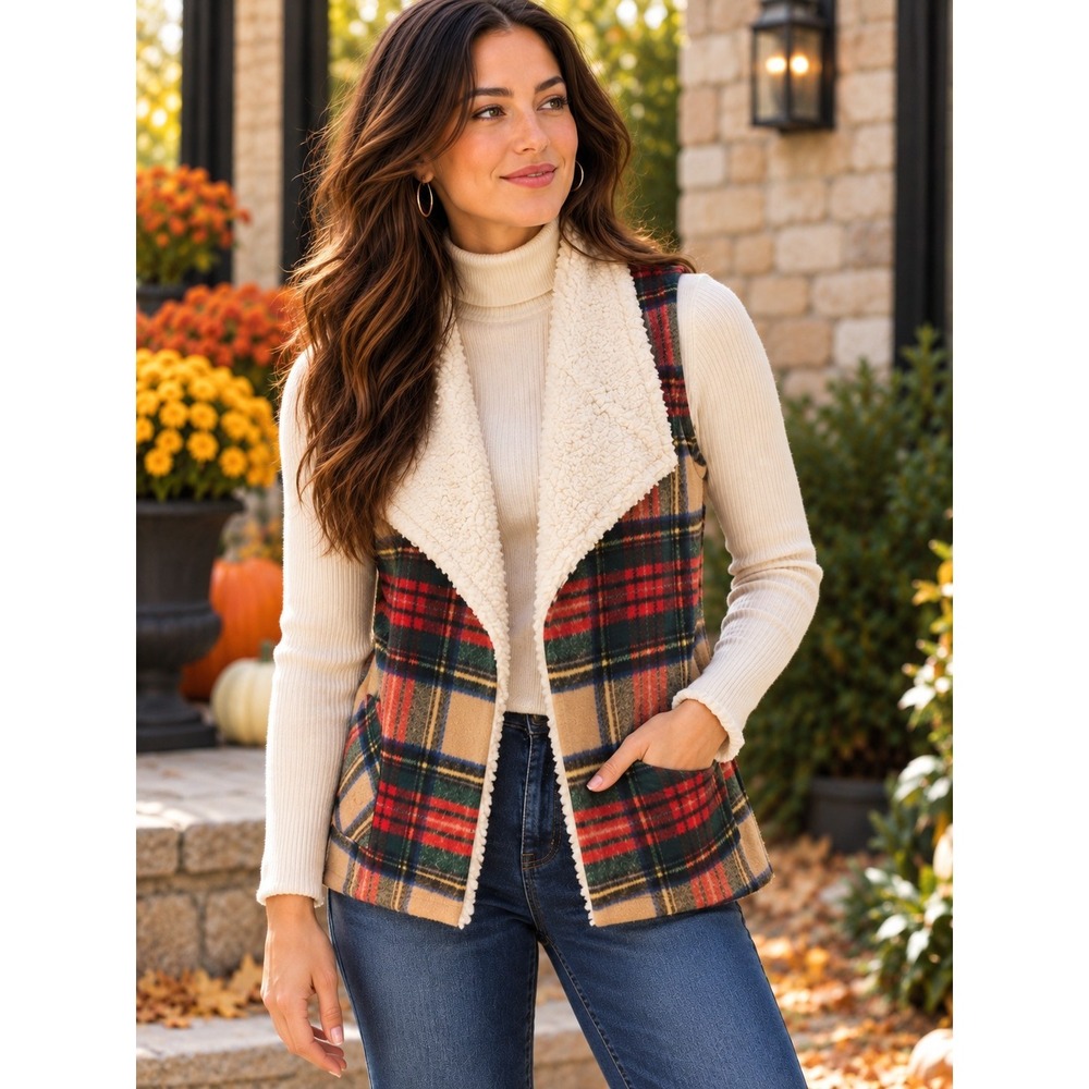Maurices Plaid Sherpa Vest Small NWT Wool Blend Open Front Pockets Cozy
